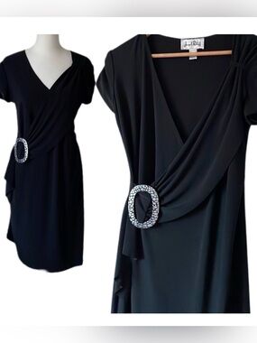 Joseph Ribkoff Black Draped V-Neck Midi Dress with Decorative Buckle
